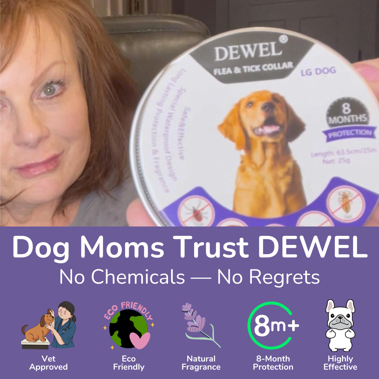 DEWEL Natural Flea and Tick Collar for Dogs — (8-Month Protection)